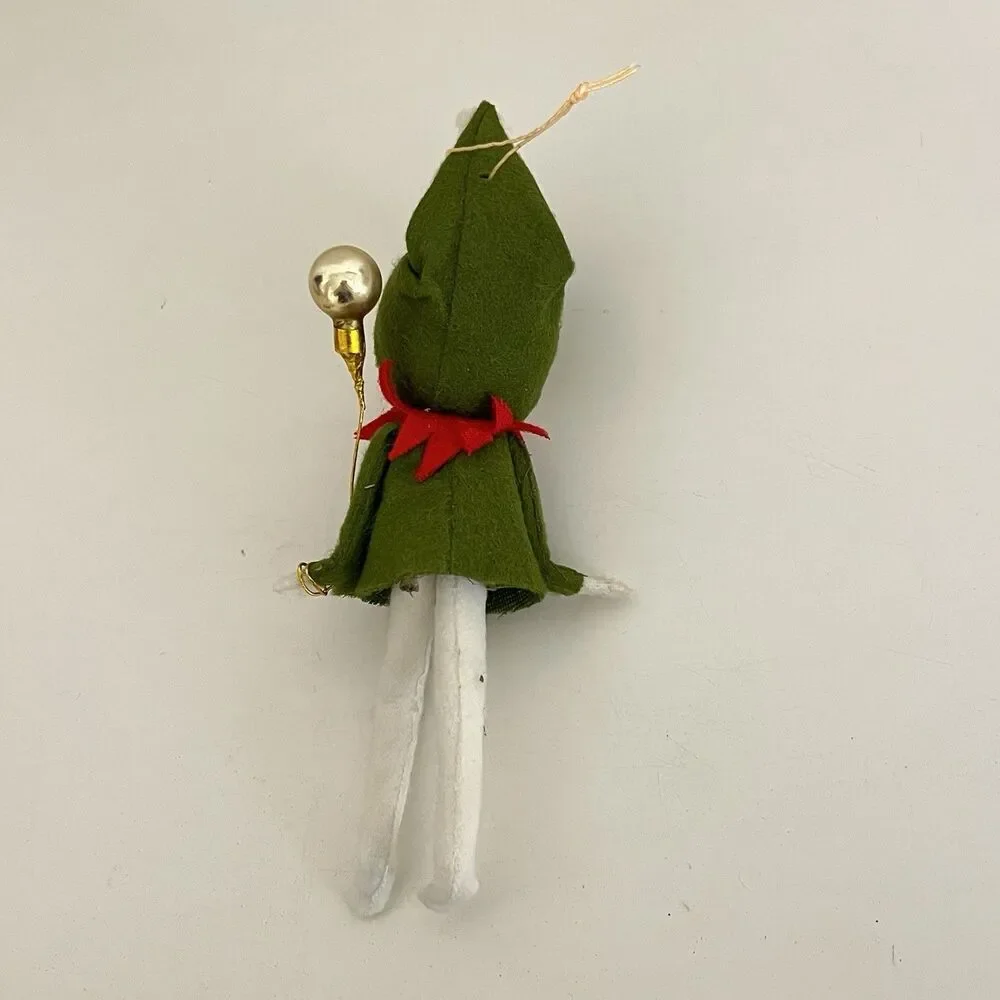 Vintage Flocked Felt Snow Baby Elf Christmas Ornaments Holding Balloons Lot of 2